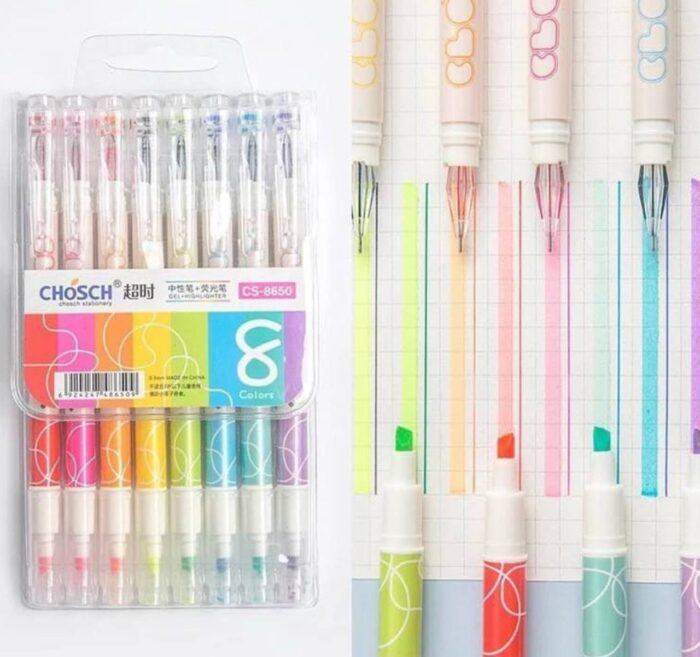 ⁦طقم اقلام جل + هايلايتر CHOSCH CS-8650 – 8 ألوان مميزة⁩ - الصورة ⁦1⁩
